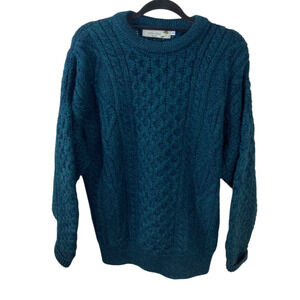 Vintage Country Collection Navy Green Fisherman CableKnit Sweater Wool Ireland L